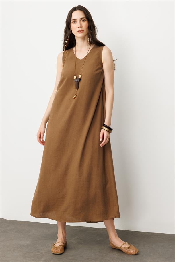 Keten Görünümlü Kolsuz Midi Elbise-KAHVE