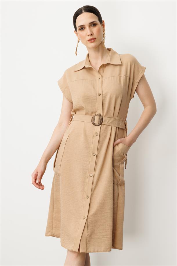 Keten Görünümlü Kuşaklı Elbise-CAMEL