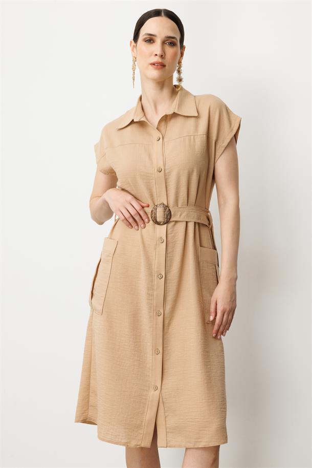 Keten Görünümlü Kuşaklı Elbise-CAMEL
