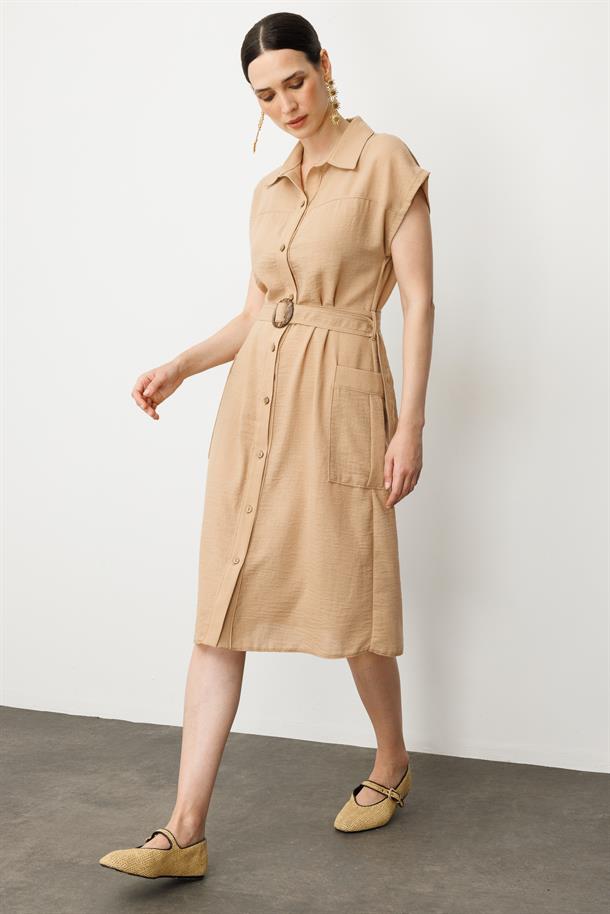 Keten Görünümlü Kuşaklı Elbise-CAMEL