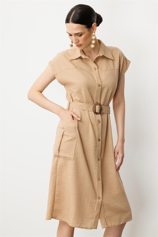 Keten Görünümlü Kuşaklı Elbise-CAMEL