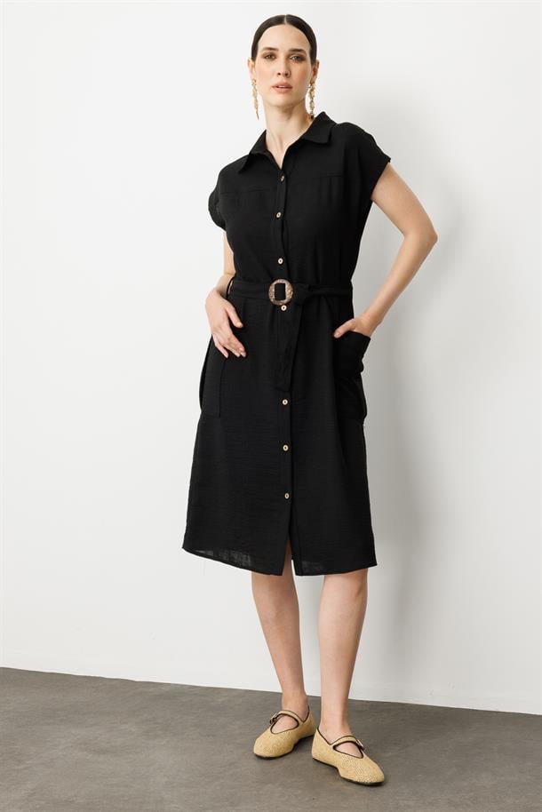 Keten Görünümlü Kuşaklı Elbise-SİYAH