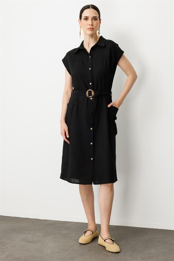Keten Görünümlü Kuşaklı Elbise-SİYAH
