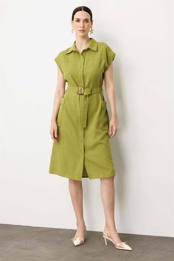 Keten Görünümlü Kuşaklı Elbise-YEŞİL
