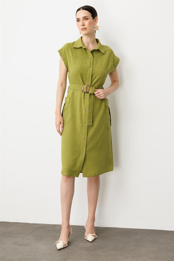 Keten Görünümlü Kuşaklı Elbise-YEŞİL