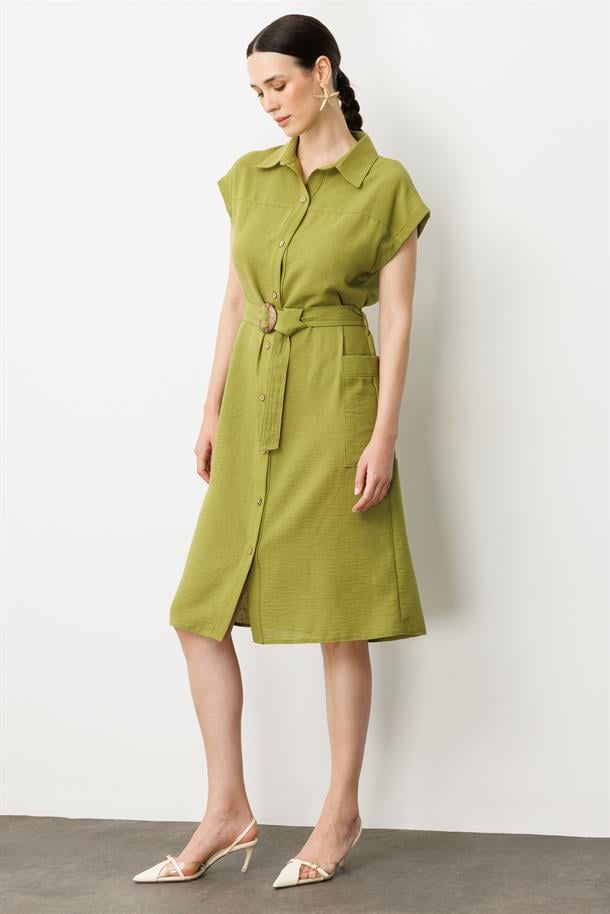 Keten Görünümlü Kuşaklı Elbise-YEŞİL