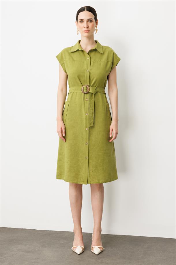 Keten Görünümlü Kuşaklı Elbise-YEŞİL