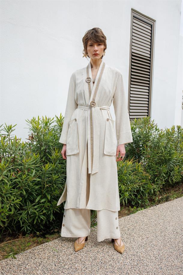 Keten Görünümlü Kuşaklı Giy-Çık-TAŞ