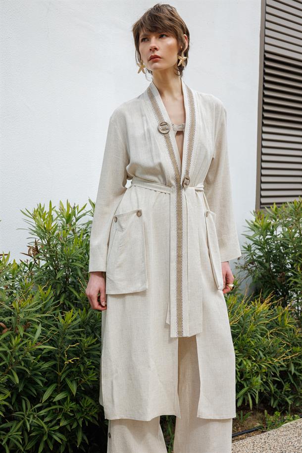 Keten Görünümlü Kuşaklı Giy-Çık-TAŞ