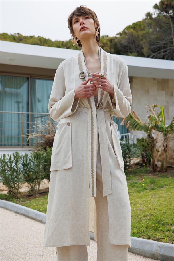 Keten Görünümlü Kuşaklı Giy-Çık-TAŞ