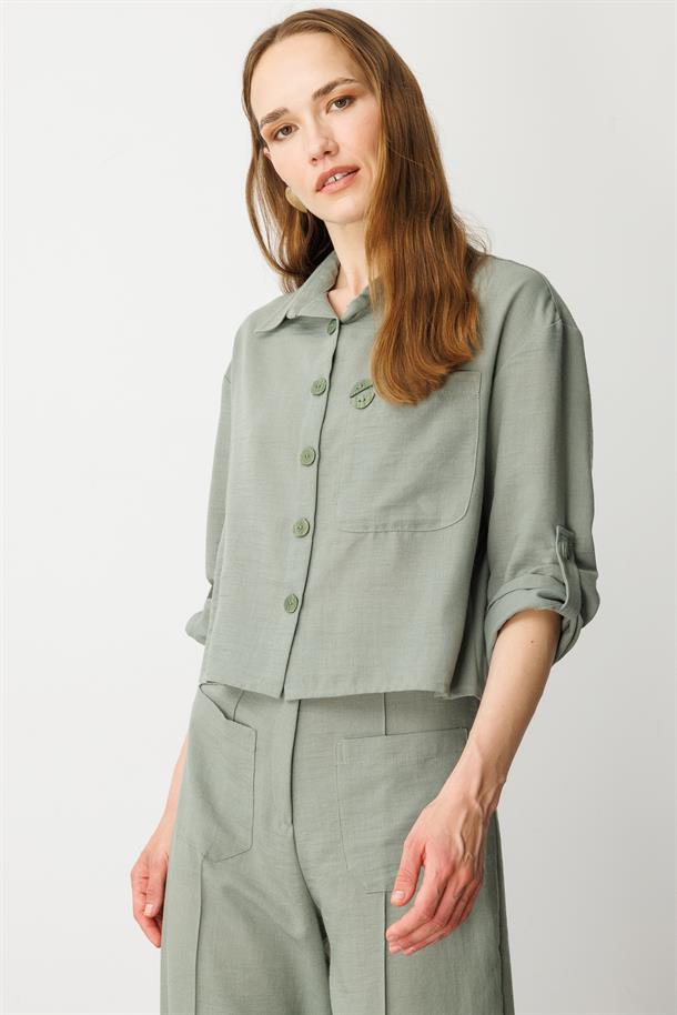 Keten Görünümlü Oversize Kısa Gömlek-ÇAĞLA