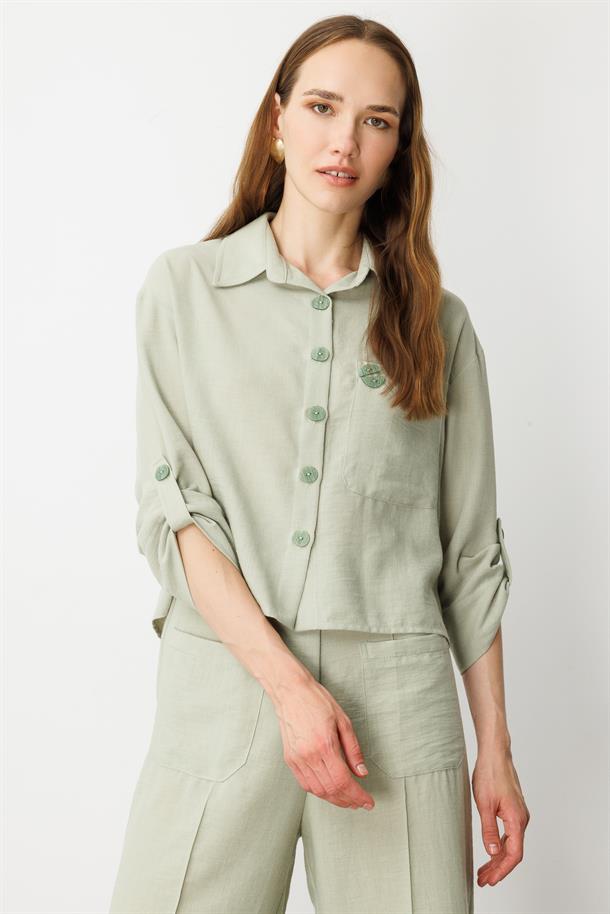 Keten Görünümlü Oversize Kısa Gömlek-SU YEŞİLİ