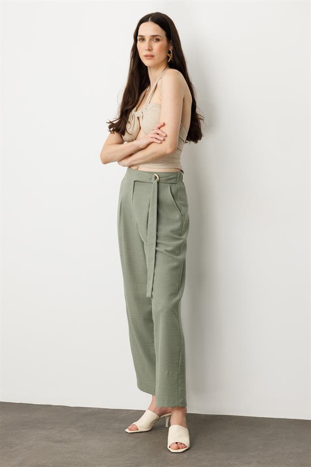 Keten Görünümlü Pileli Pantolon-ÇAĞLA