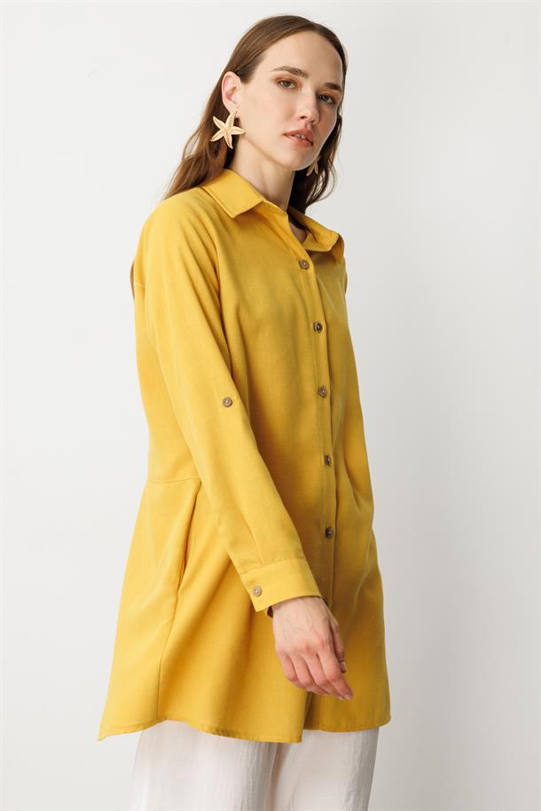 Keten Görünümlü Tunik Gömlek-SAFRAN