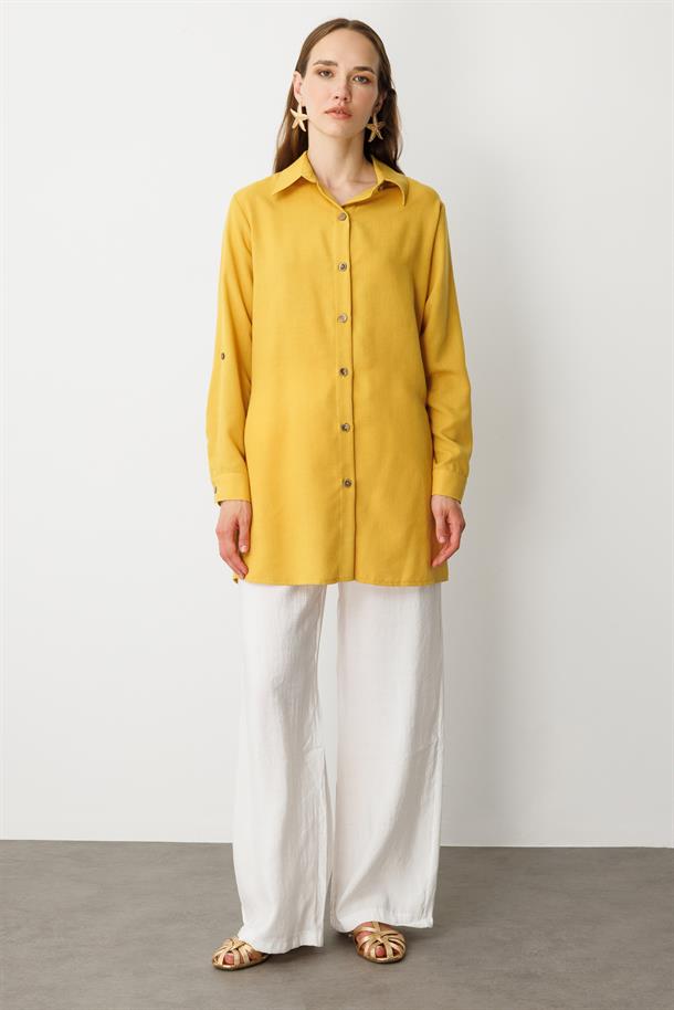 Keten Görünümlü Tunik Gömlek-SAFRAN