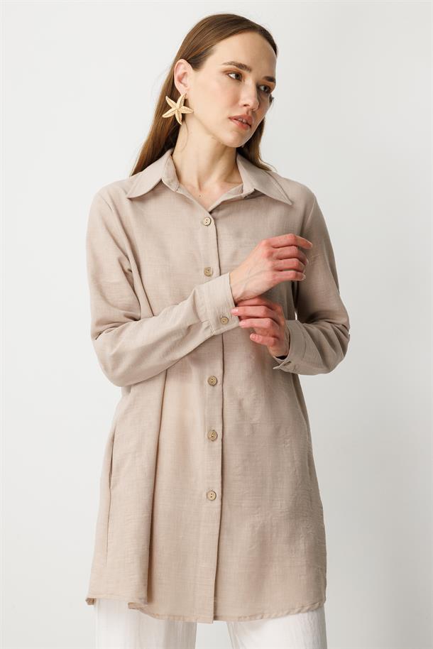 Keten Görünümlü Tunik Gömlek-TAŞ