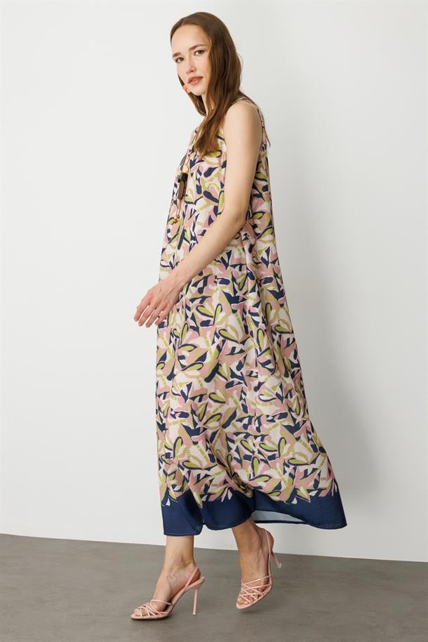 Keten Görünümlü Uzun Elbise-LACI