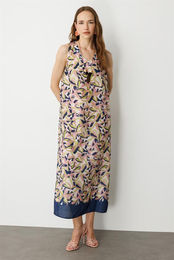 Keten Görünümlü Uzun Elbise-LACI