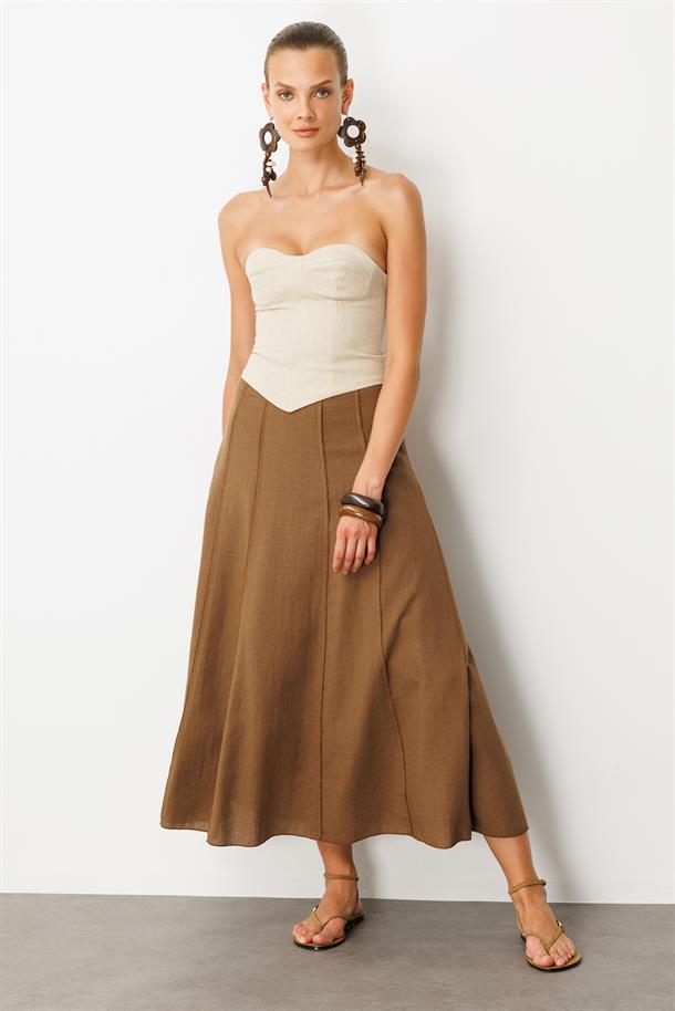 Keten Görünümlü Uzun Kloş Etek-KAHVE