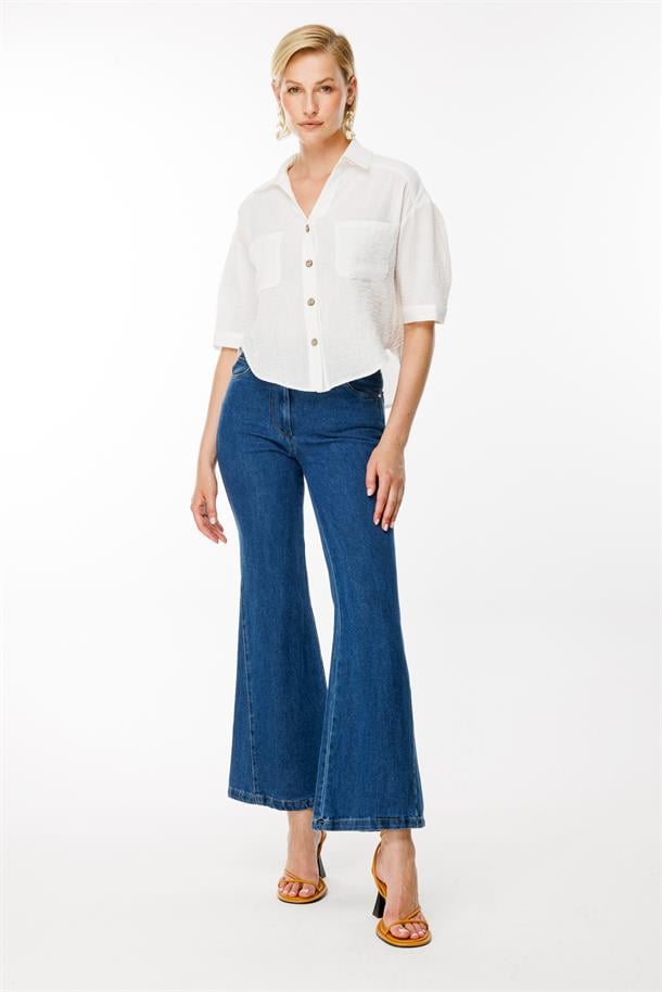 Kısa Kollu Düğmeli Keten Crop Gömlek-BEYAZ