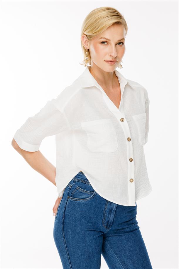 Kısa Kollu Düğmeli Keten Crop Gömlek-BEYAZ