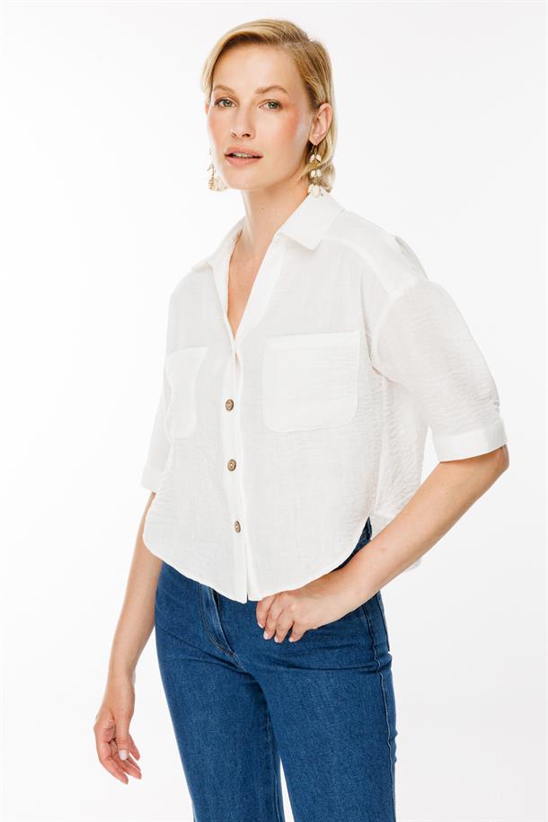 Kısa Kollu Düğmeli Keten Crop Gömlek-BEYAZ