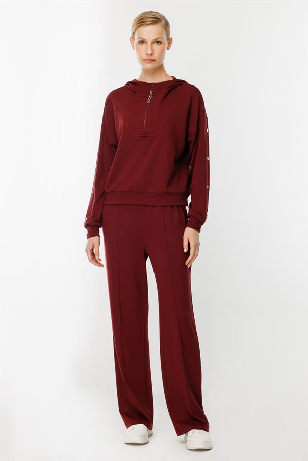 Kolları Düğme Detaylı Sweatshirt-BORDO