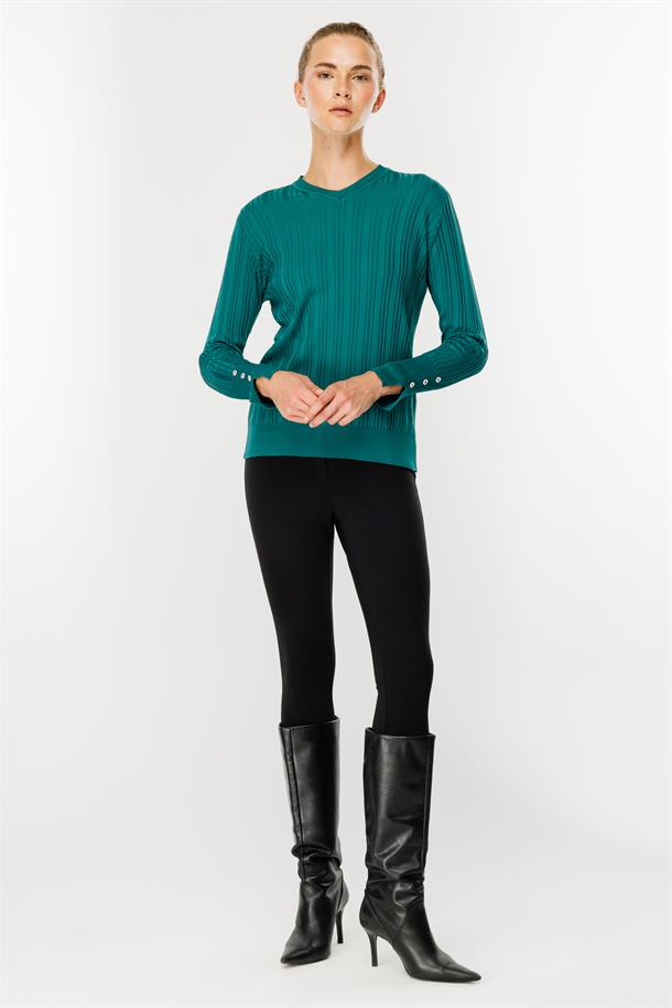 Kolları Düğmeli Fitilli Triko Kazak-PETROL