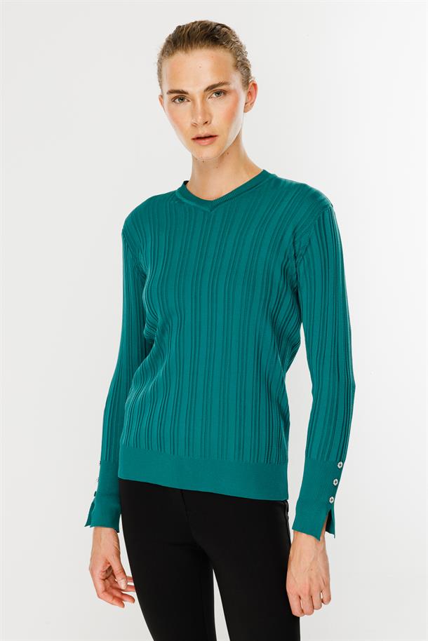 Kolları Düğmeli Fitilli Triko Kazak-PETROL