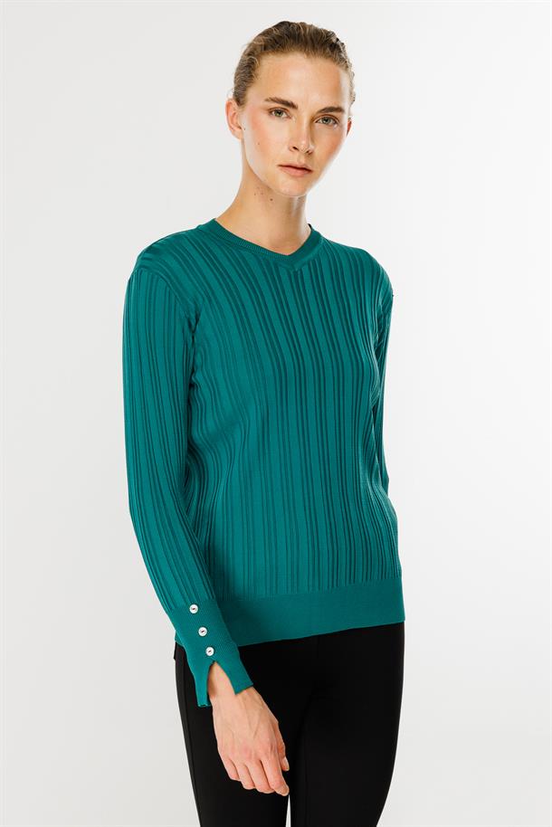 Kolları Düğmeli Fitilli Triko Kazak-PETROL