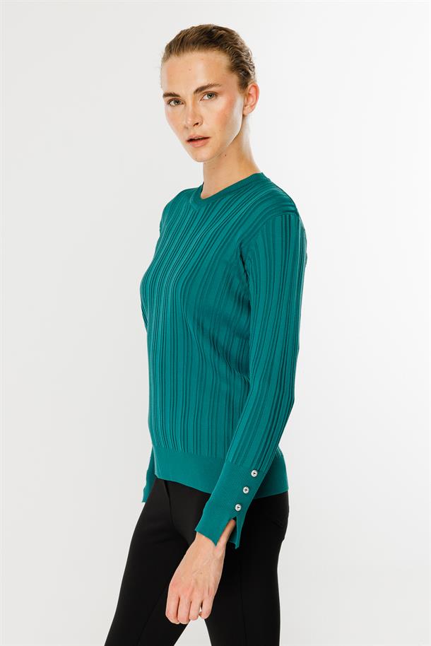 Kolları Düğmeli Fitilli Triko Kazak-PETROL