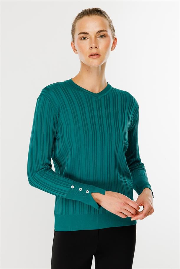 Kolları Düğmeli Fitilli Triko Kazak-PETROL