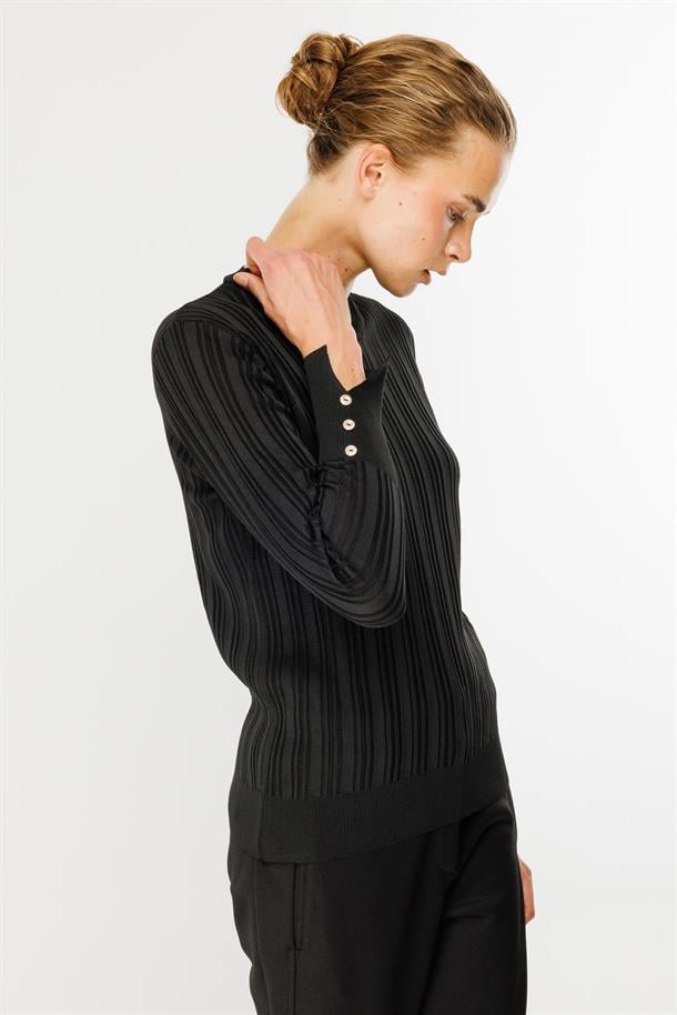 Kolları Düğmeli Fitilli Triko Kazak-SİYAH