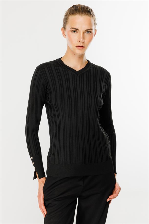 Kolları Düğmeli Fitilli Triko Kazak-SİYAH