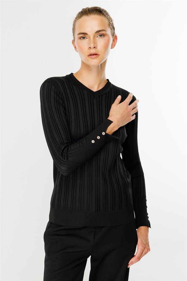 Kolları Düğmeli Fitilli Triko Kazak-SİYAH