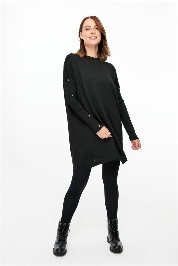 Kolları Düğmeli Triko Tunik-SİYAH