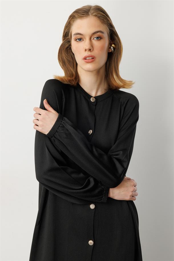 Kolları Lastikli Cep Detay Uzun Hırka-SİYAH