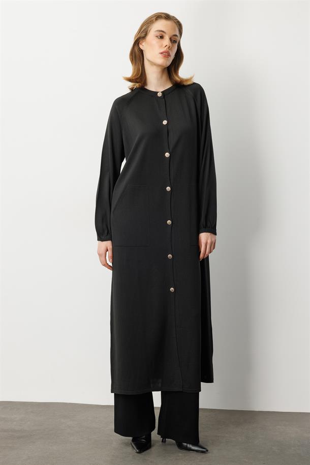 Kolları Lastikli Cep Detay Uzun Hırka-SİYAH