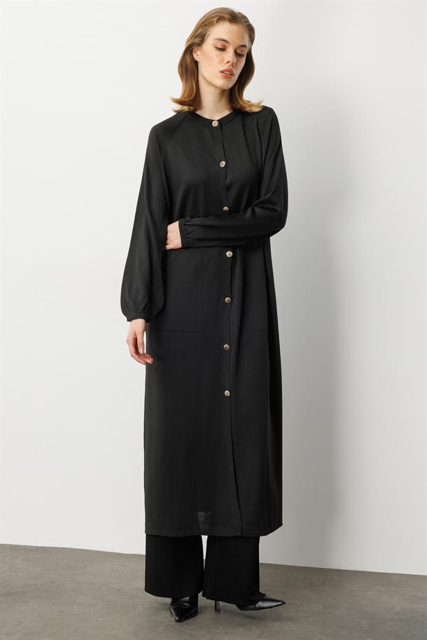 Kolları Lastikli Cep Detay Uzun Hırka-SİYAH