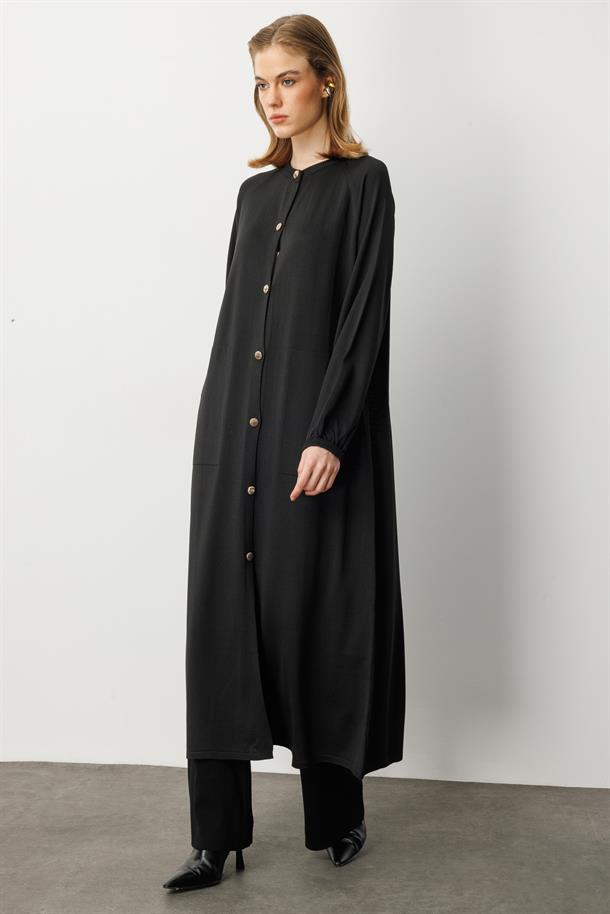 Kolları Lastikli Cep Detay Uzun Hırka-SİYAH