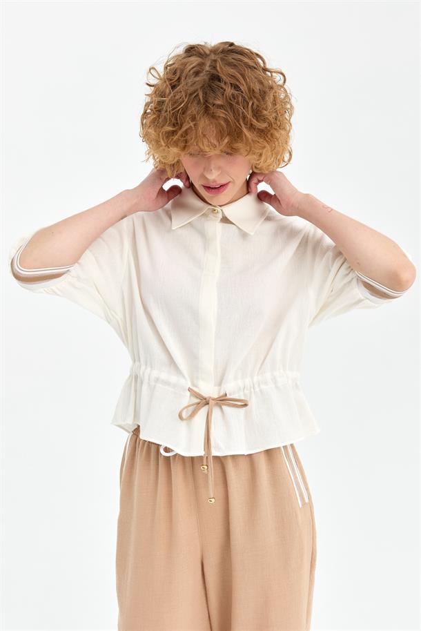 Kolları Lastikli İp Detaylı Şile Bezi Bluz-EKRU