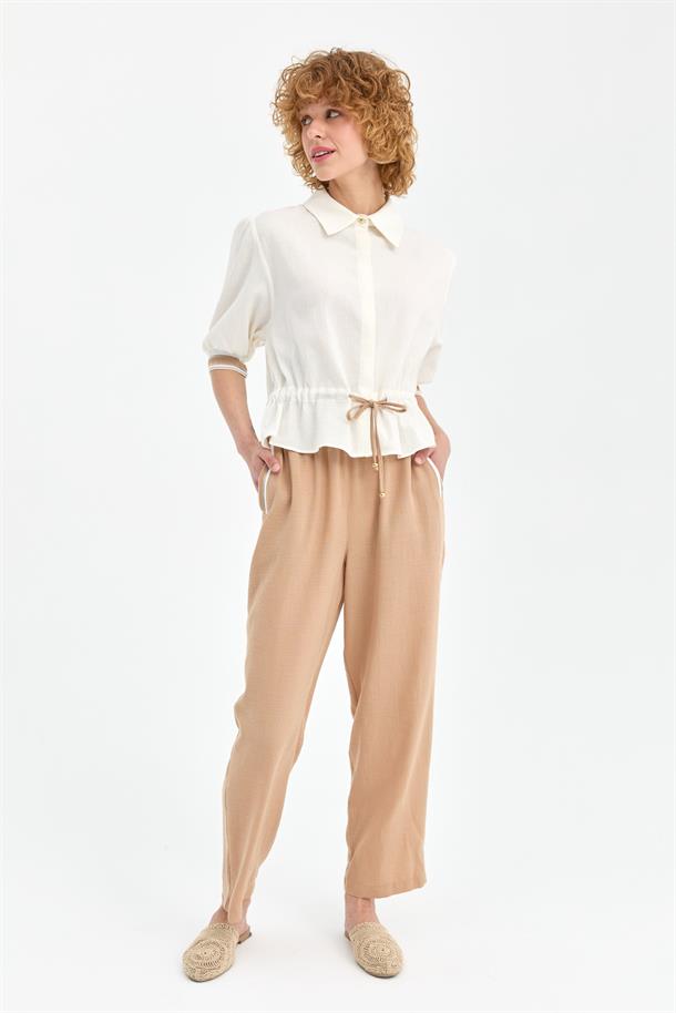 Kolları Lastikli İp Detaylı Şile Bezi Bluz-EKRU