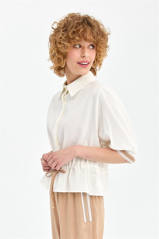 Kolları Lastikli İp Detaylı Şile Bezi Bluz-EKRU