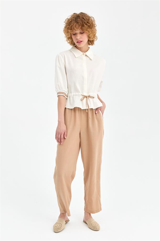 Kolları Lastikli İp Detaylı Şile Bezi Bluz-EKRU