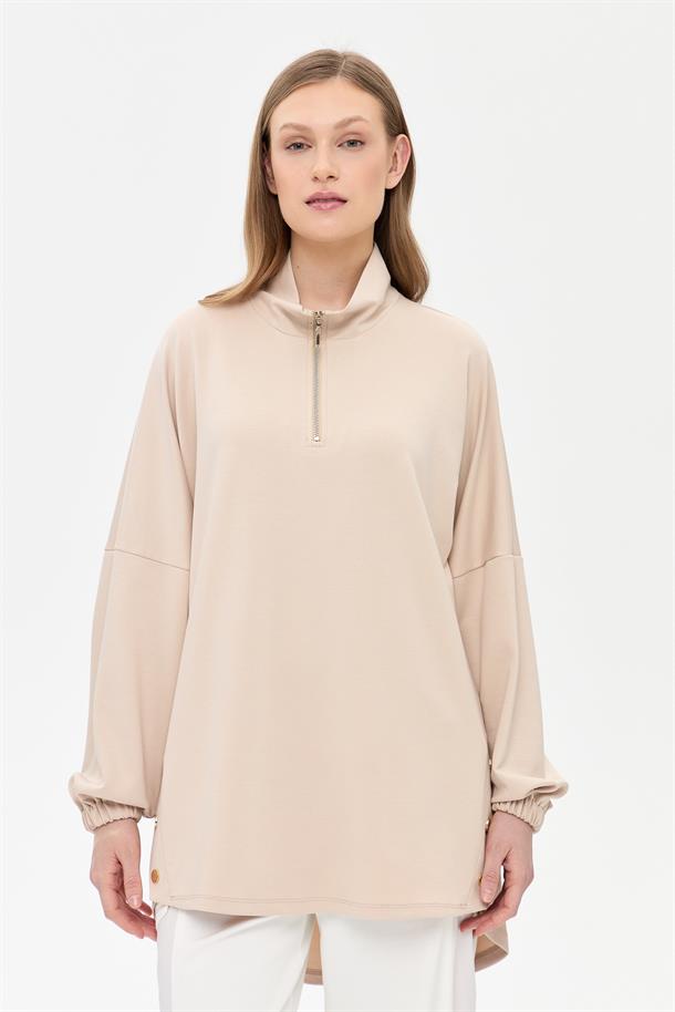 Kolları Lastikli Yakası Fermuarlı Tunik-BEJ