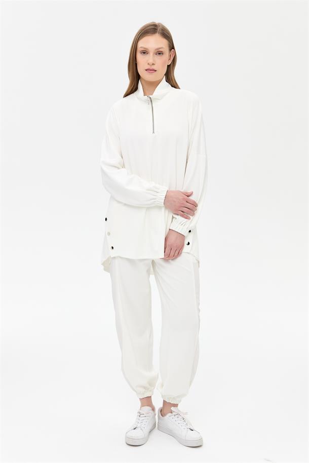 Kolları Lastikli Yakası Fermuarlı Tunik-KEMIK