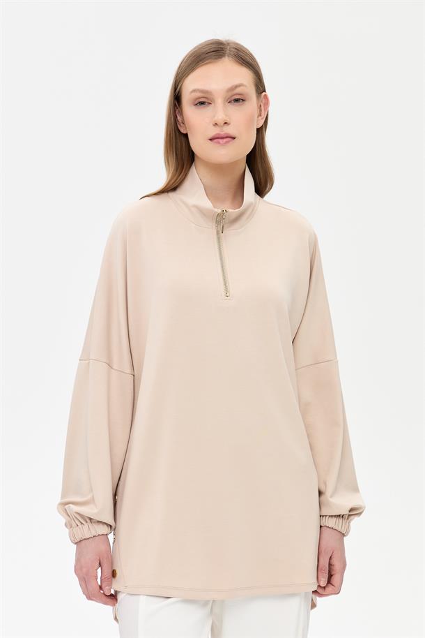Kolları Lastikli Yakası Fermuarlı Tunik-BEJ