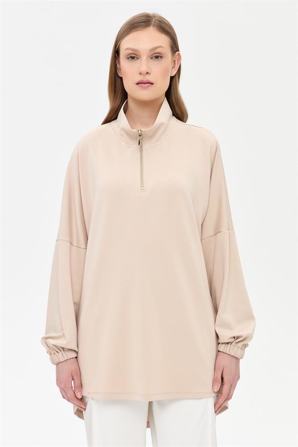 Kolları Lastikli Yakası Fermuarlı Tunik-BEJ