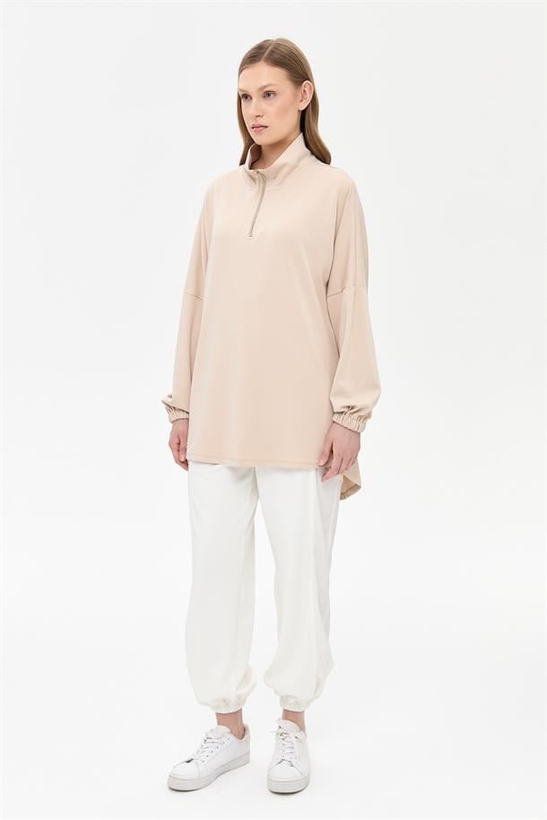 Kolları Lastikli Yakası Fermuarlı Tunik-BEJ