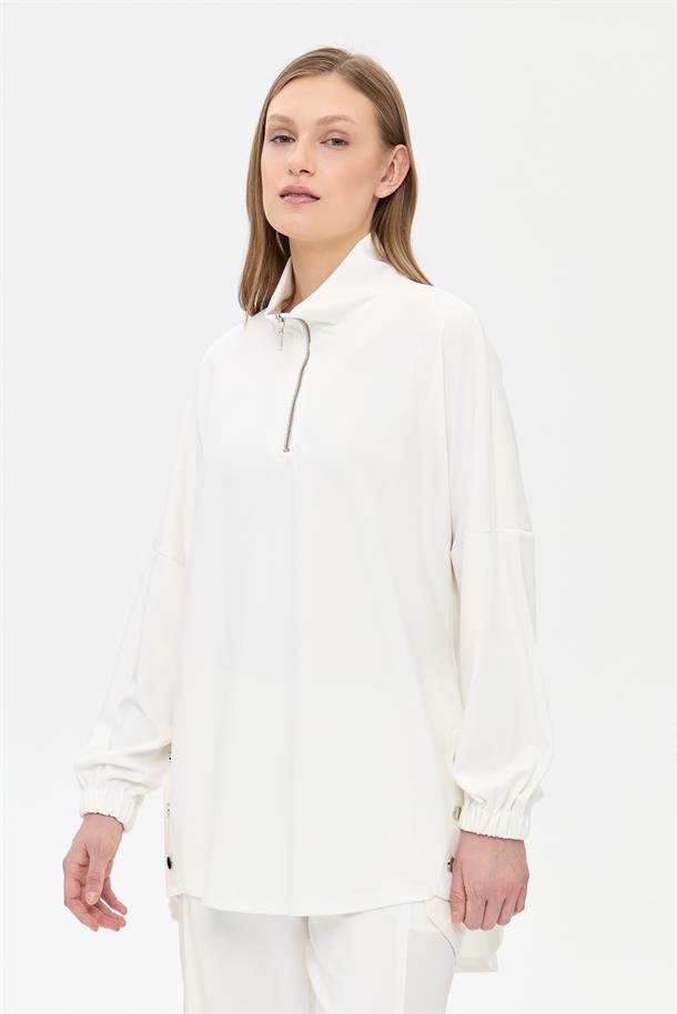 Kolları Lastikli Yakası Fermuarlı Tunik-KEMIK